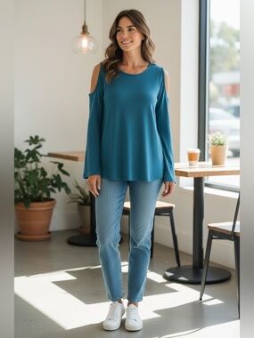 Zanzea Teal Cold-Shoulder Long Sleeve Top